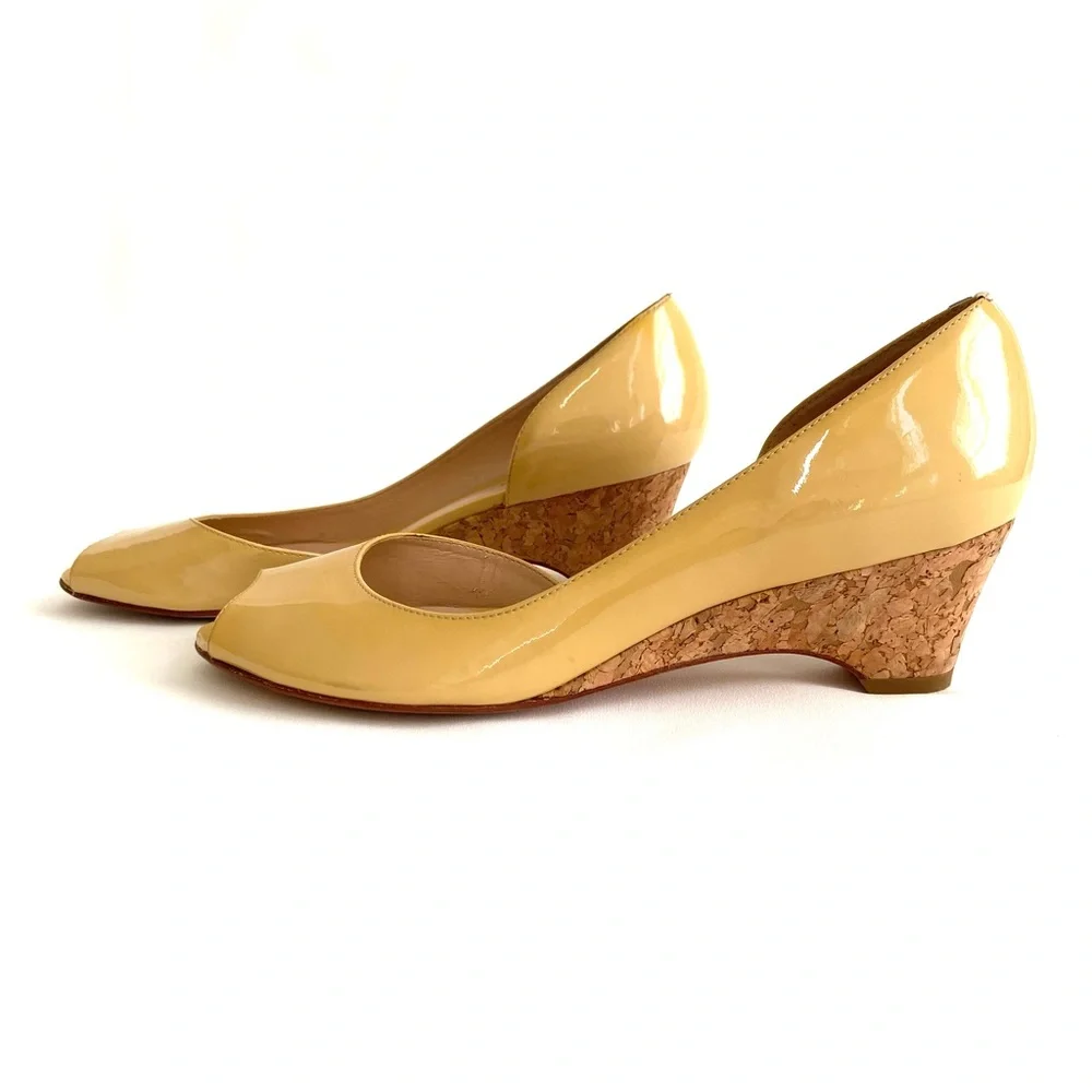 Arturo Chiang Talitha Dijon Yellow Patent Peep Toe Cork Wedge Heels, Size 9M